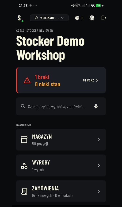 Stocker — pulpit warsztatu z alertem o brakach i niskich stanach