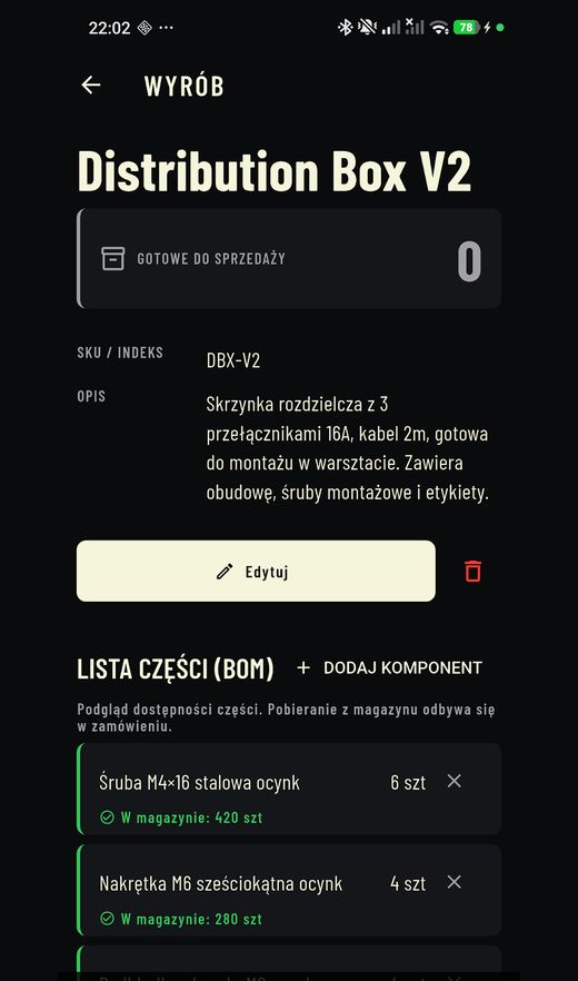 Stocker — karta wyrobu z listą części BOM i dostępnością w magazynie