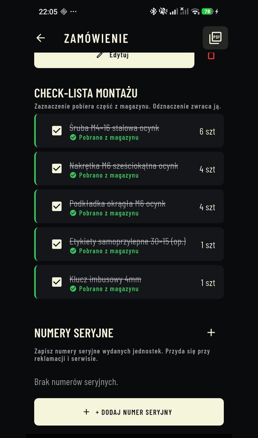 Stocker — zamówienie z check-listą montażu i pobraniem części z magazynu